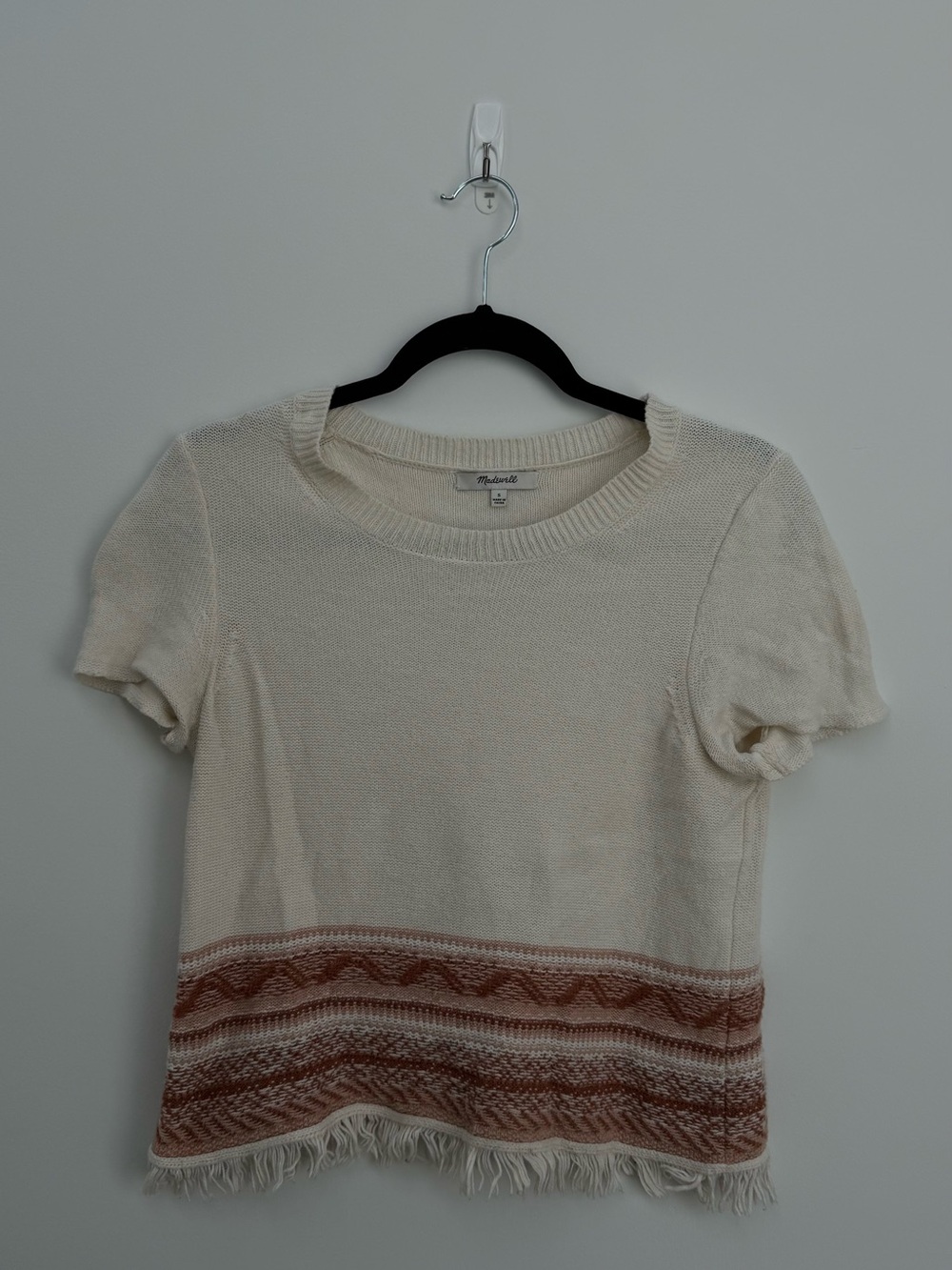 Madewell Cream Short-Sleeve Knit Top with Rust Trim and Fringe